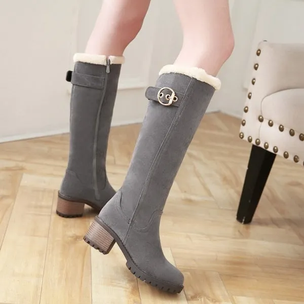 Winter Waterproof Chunky Heel Long Boots with Zipper