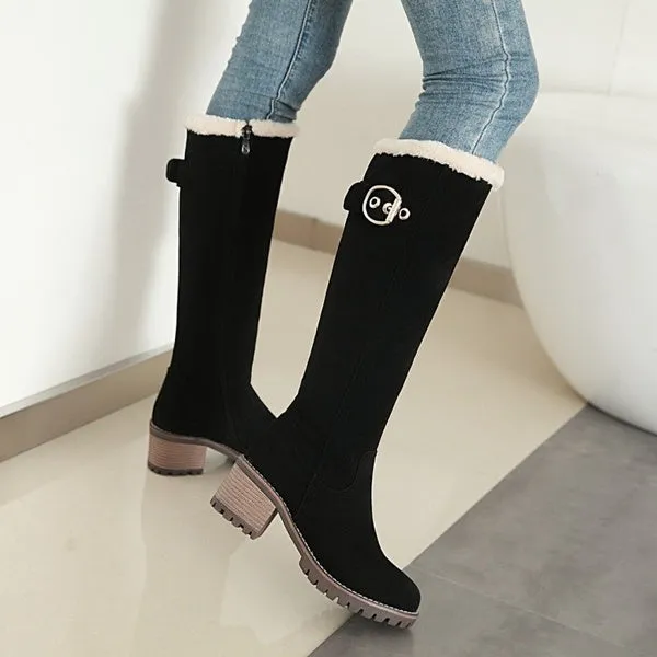 Winter Waterproof Chunky Heel Long Boots with Zipper