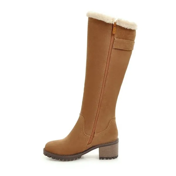 Winter Waterproof Chunky Heel Long Boots with Zipper