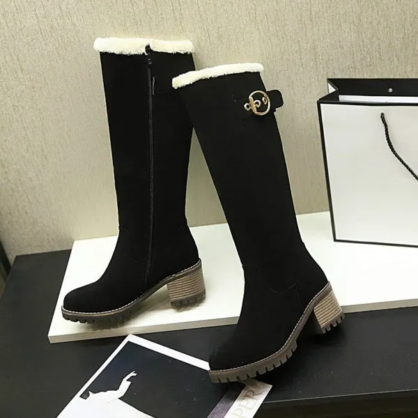 Winter Waterproof Chunky Heel Long Boots with Zipper