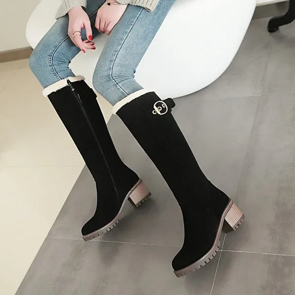 Winter Waterproof Chunky Heel Long Boots with Zipper