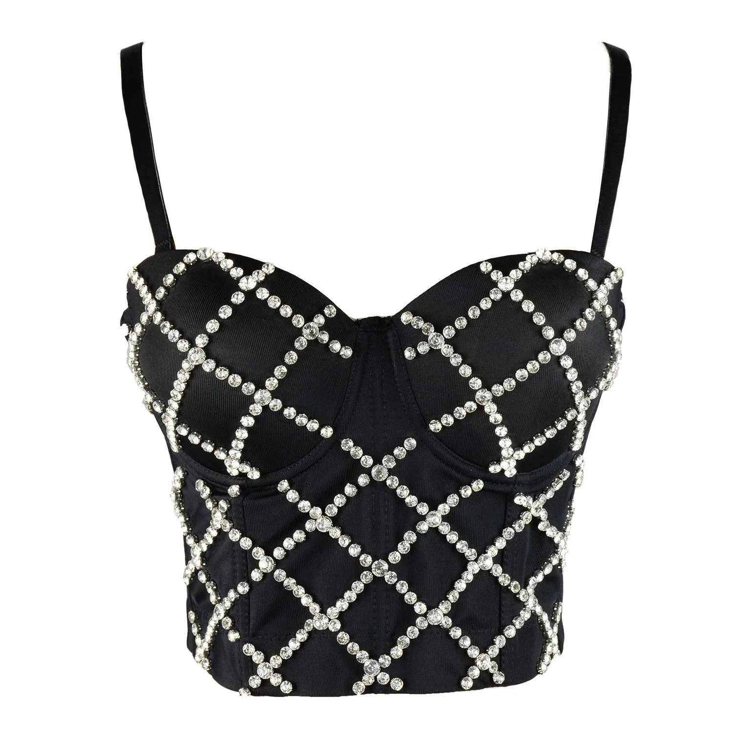 Women Criss Cross Rhinestone Smooth Bustier Crop Top Corset Bra Black