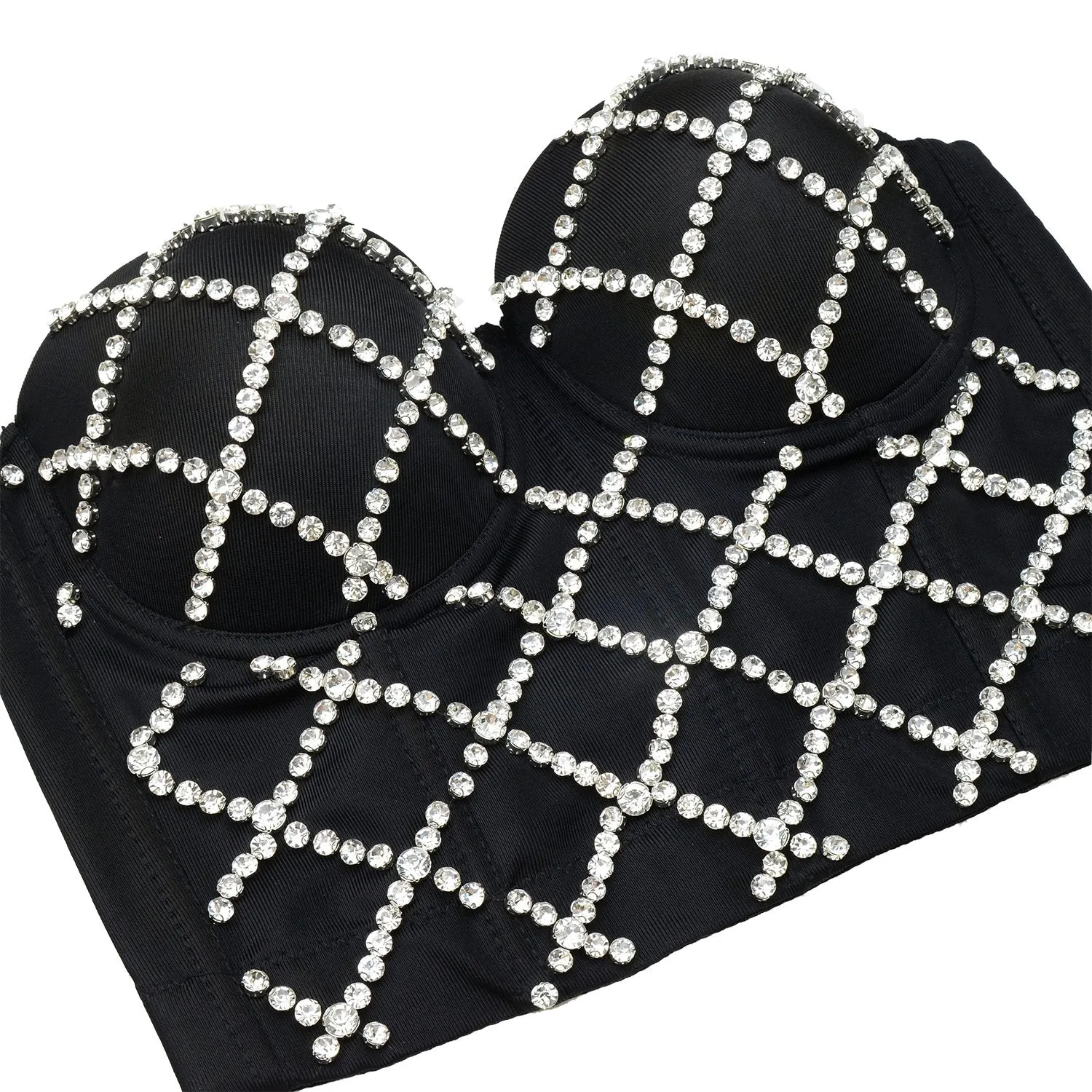 Women Criss Cross Rhinestone Smooth Bustier Crop Top Corset Bra Black
