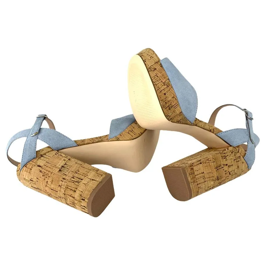 Women's Blue Denim Block Heel Platform Sandals