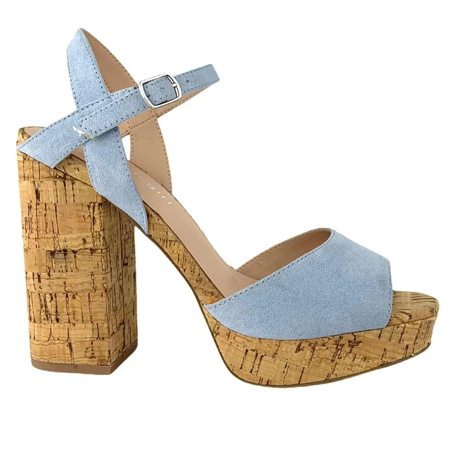 Women's Blue Denim Block Heel Platform Sandals
