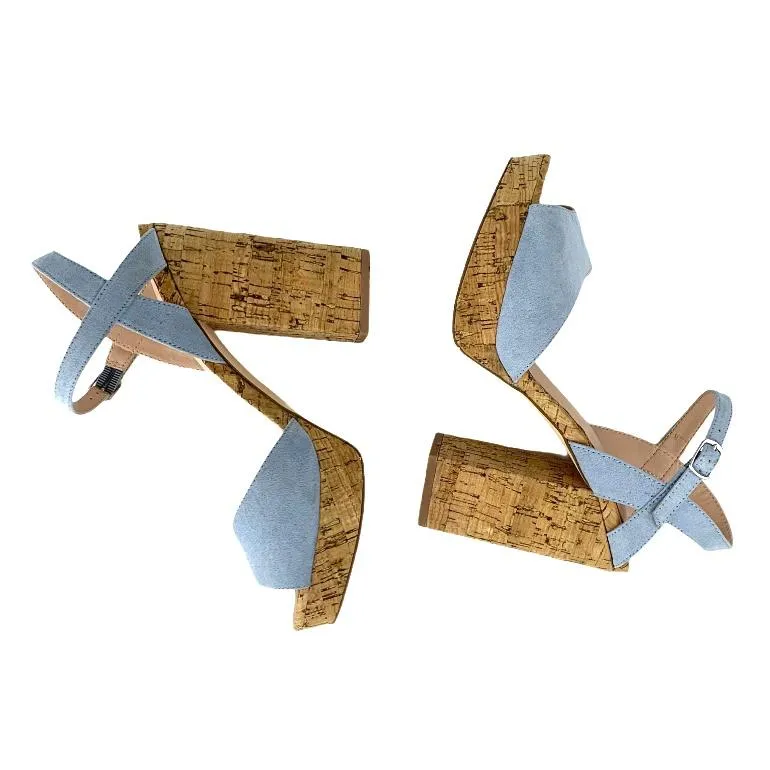 Women's Blue Denim Block Heel Platform Sandals