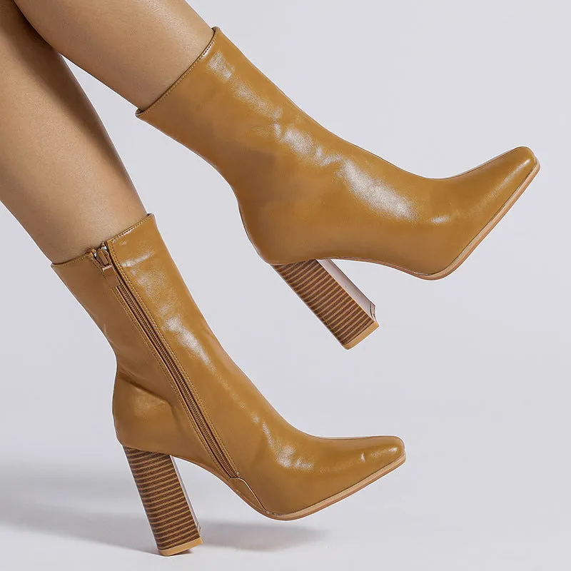 Women's Fashion Square Toe Chunky High Heel Party Mid Calf Boots