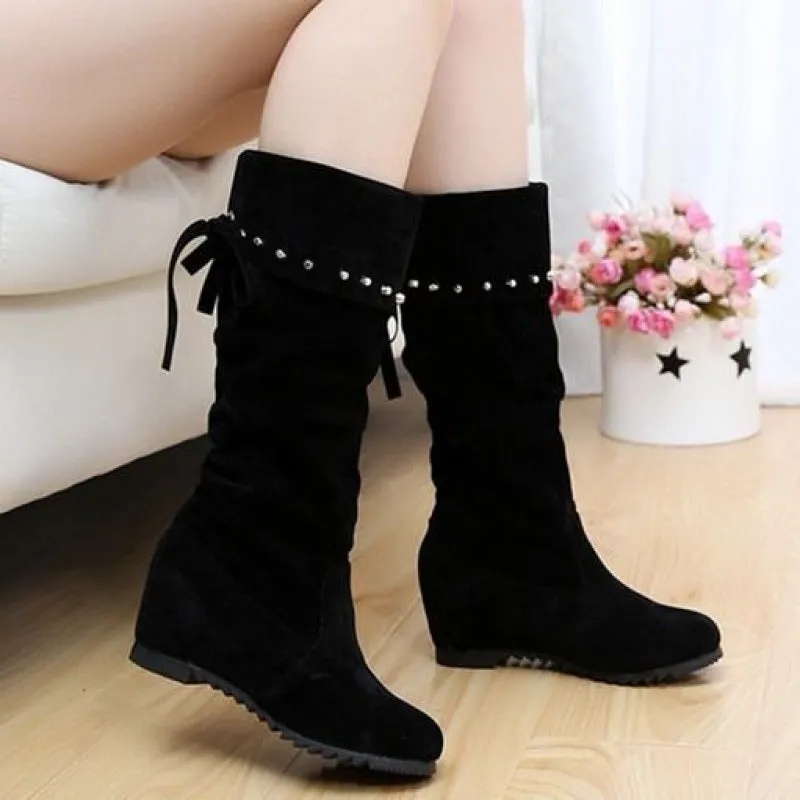 Women's Nubuck Wedge Long Suede Inner Booster Flat Tall Boots