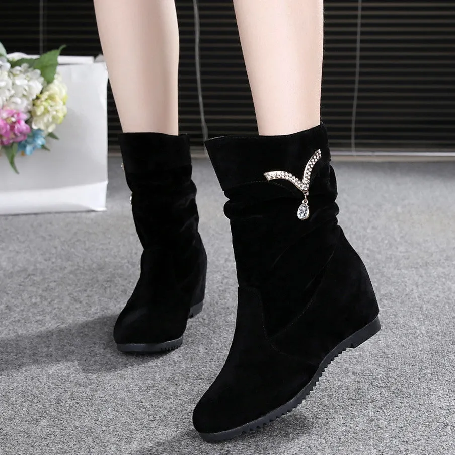 Women's Nubuck Wedge Long Suede Inner Booster Flat Tall Boots