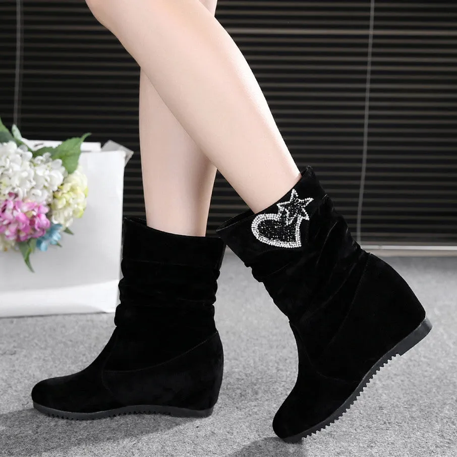 Women's Nubuck Wedge Long Suede Inner Booster Flat Tall Boots