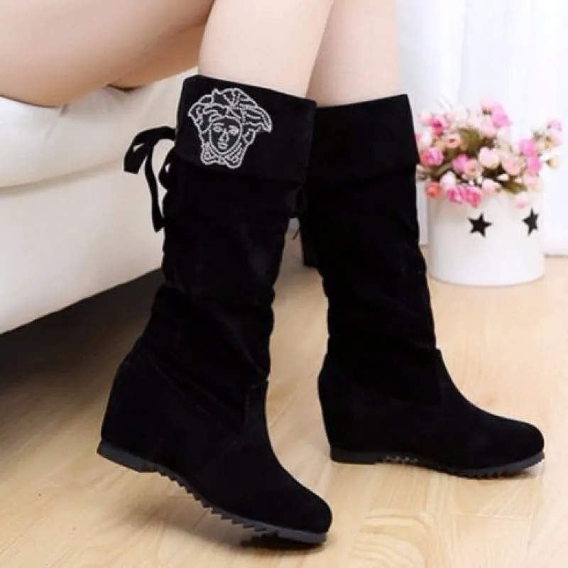 Women's Nubuck Wedge Long Suede Inner Booster Flat Tall Boots