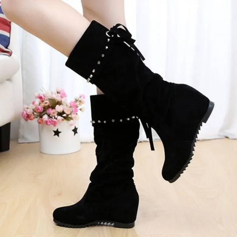 Women's Nubuck Wedge Long Suede Inner Booster Flat Tall Boots
