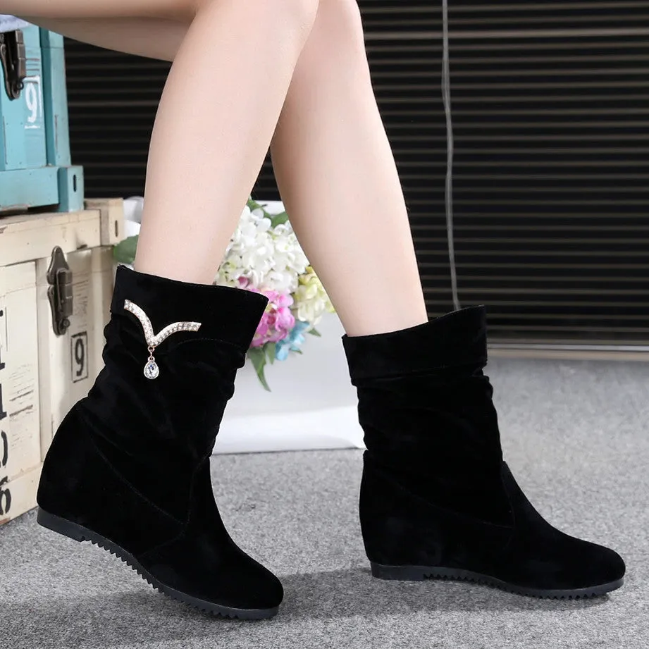 Women's Nubuck Wedge Long Suede Inner Booster Flat Tall Boots