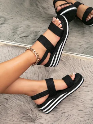 Woven Straw Bottom Striped Fabric Sandals