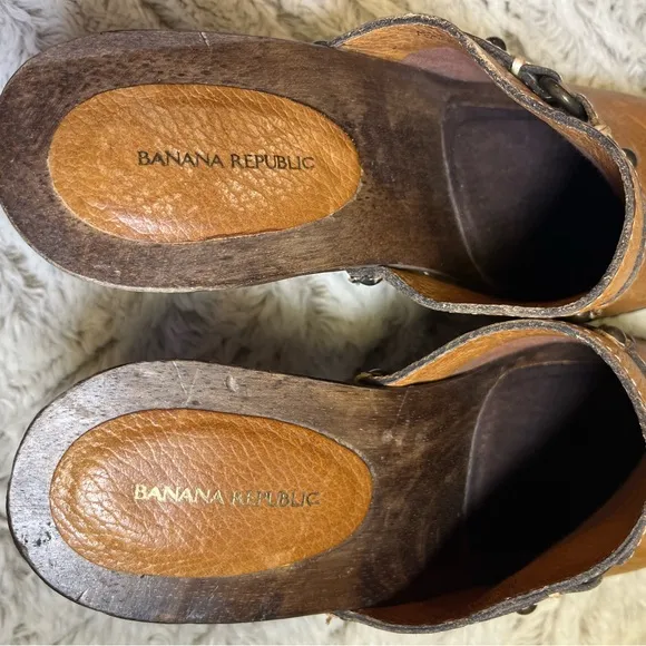 Y2K Vintage Style Banana Republic Women's Leather Wooden Clogs Boho Chic Size10