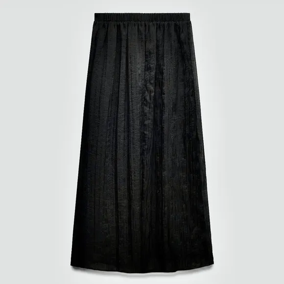 Zara NWT black wrinkled effect elastic waistband midi flowy skirt, fully lined