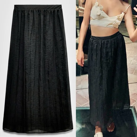 Zara NWT black wrinkled effect elastic waistband midi flowy skirt, fully lined