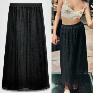Zara NWT black wrinkled effect elastic waistband midi flowy skirt, fully lined