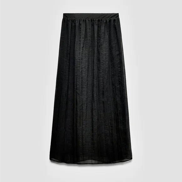 Zara NWT black wrinkled effect elastic waistband midi flowy skirt, fully lined