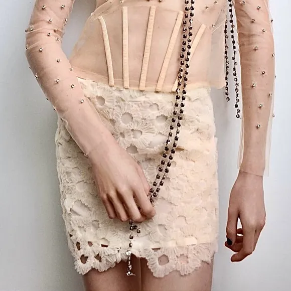Zara NWT ivory off white cream tulle crochet textured mini skirt