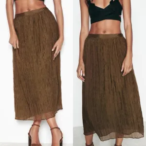 Zara NWT wrinkle effect flowy fully lined brown midi skirt, elastic waistband