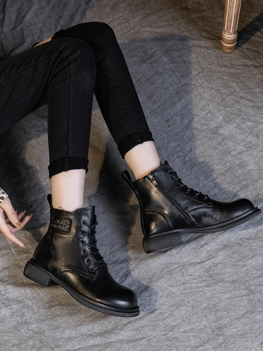 Zip Up Leather Combat Boot - Black