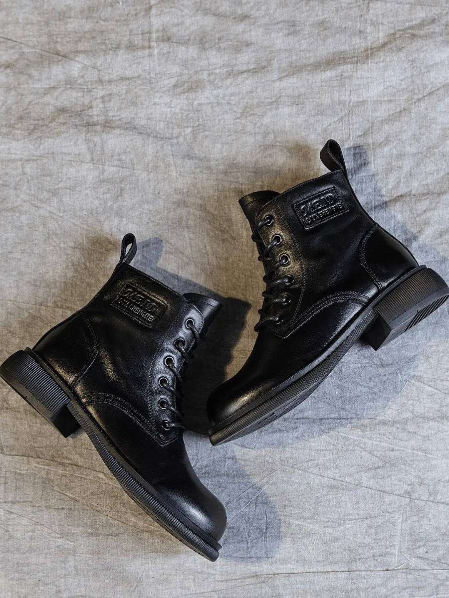 Zip Up Leather Combat Boot - Black