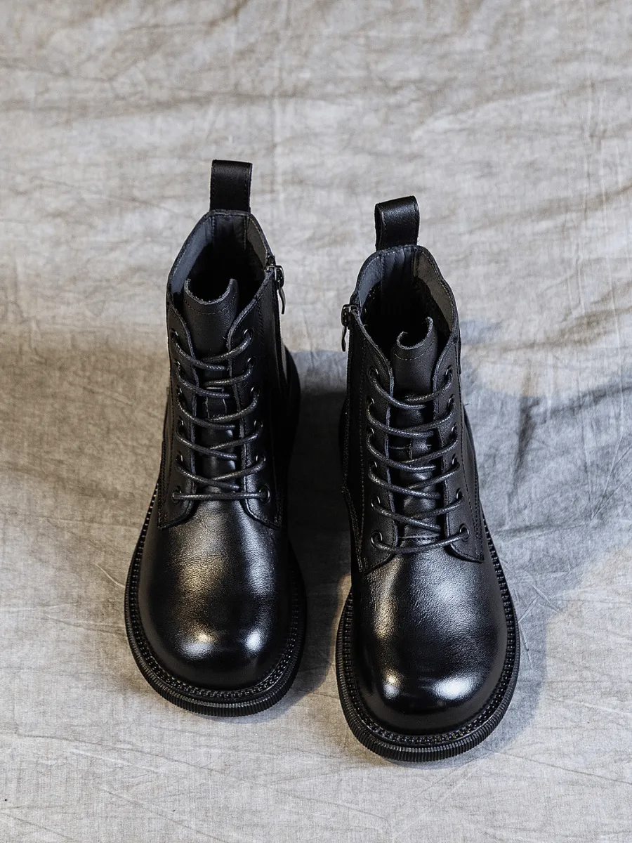 Zip Up Leather Combat Boot - Black