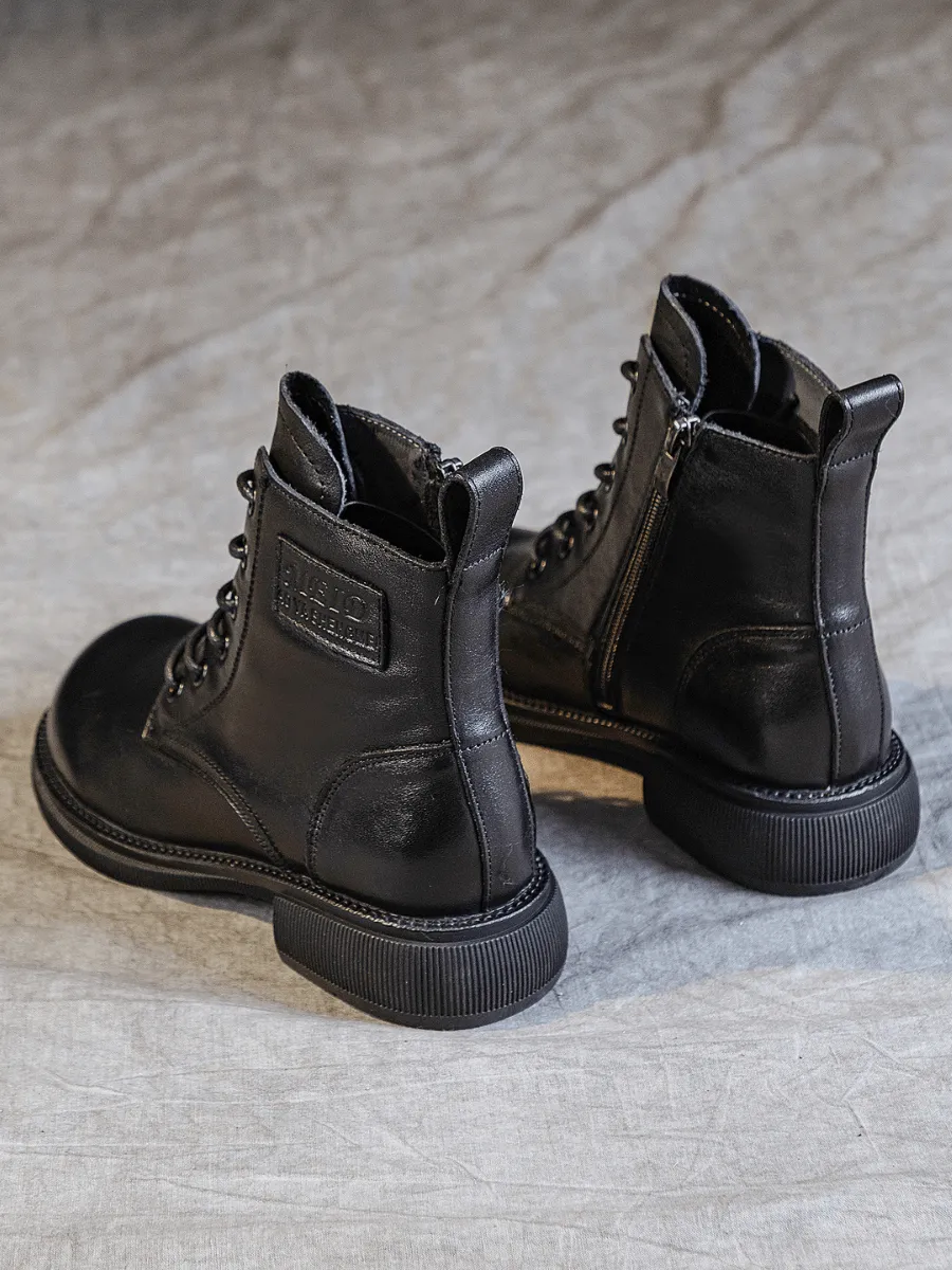 Zip Up Leather Combat Boot - Black