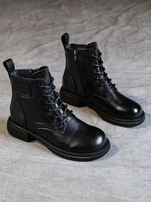 Zip Up Leather Combat Boot - Black