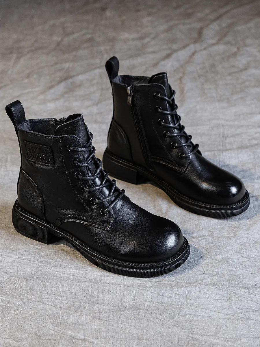 Zip Up Leather Combat Boot - Black