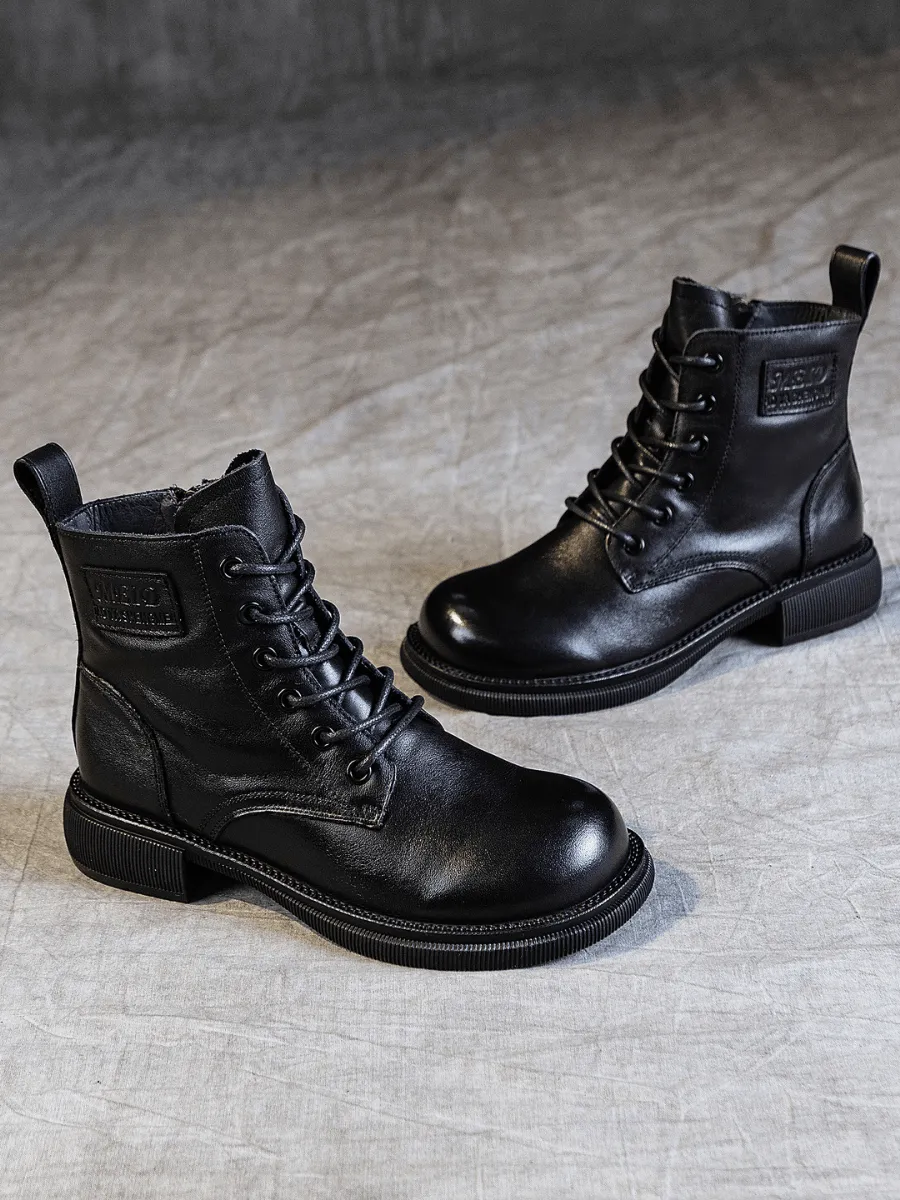 Zip Up Leather Combat Boot - Black